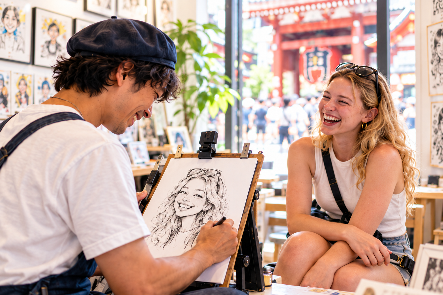 明るいアトリエで、アーティストが笑顔のお客様の似顔絵を描いているイメージ